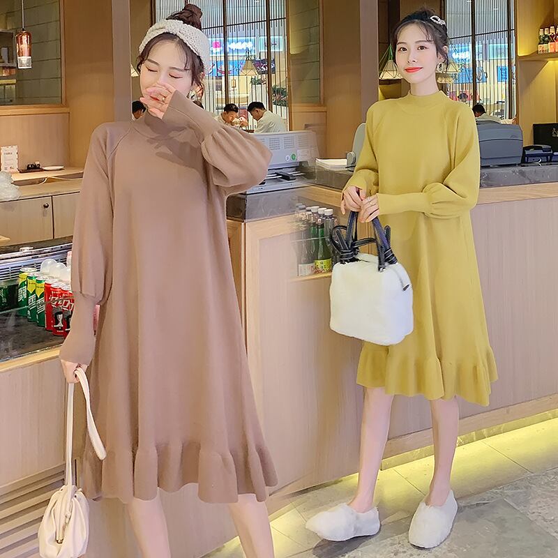 【新作】【送料無料】 マタニティウェア2019秋冬バージョン新しいファッションVネックランタンスリーブミドルレングスニットマタニティドレス-アリババ オータム 秋物 ウィンター 冬物 expec2398957209