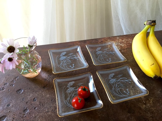 アンティーク　18㎝ガラスプレート5枚 アンティーク ヴィンテージ ガラス スクエアプレート GZ-5