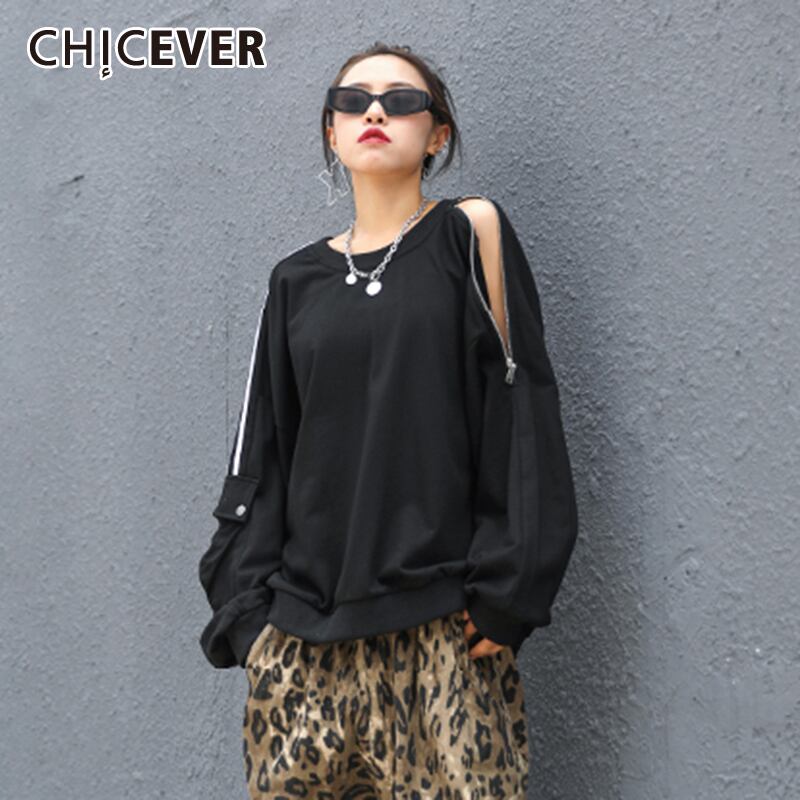 CHICEVERパッチワークTシャツ女性Oネック長袖ルーズブラック特大Tシャツ服2020秋 ロング オータム 秋物 6base522508243459