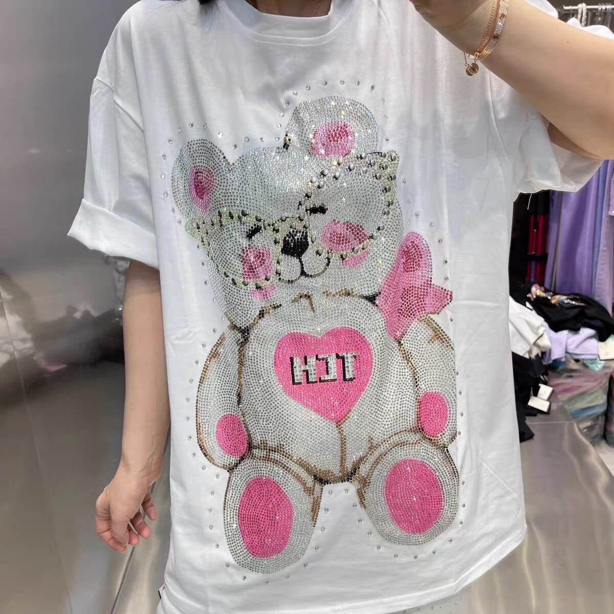 Tシャツ パール ラインストーン デコレーション 緑 ブラウス