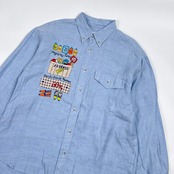 リネン100% Jean Charles de Castelbajac Sport カステルバジャック 刺繍 デザイン 長袖シャツ 2/ブルー メンズ ゴルフ