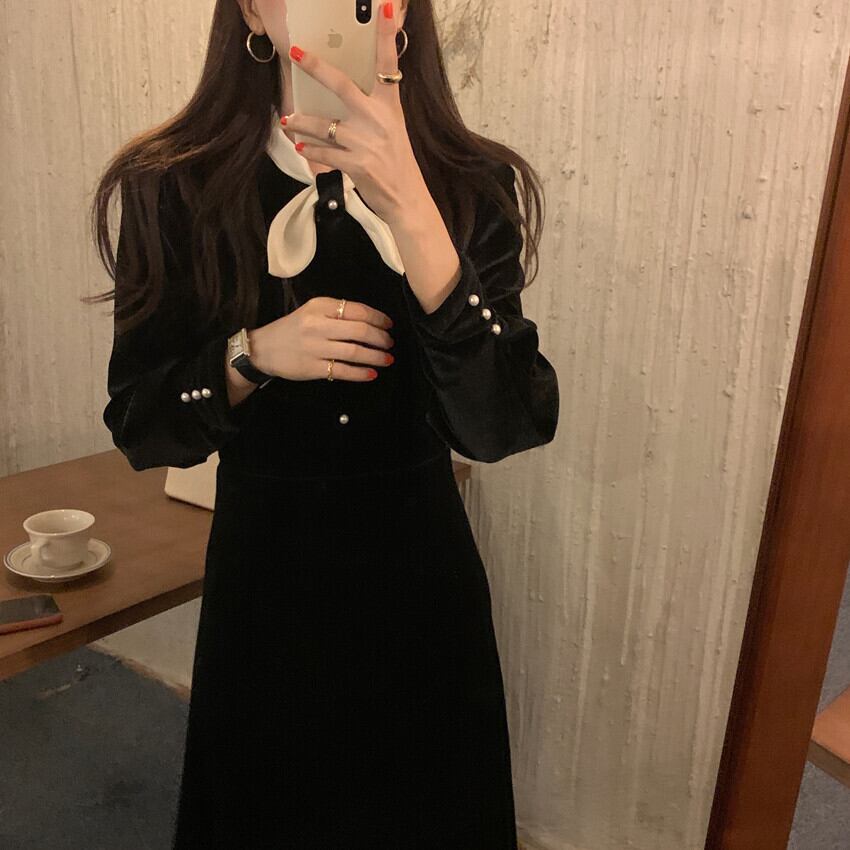 カラーリボンベルベットドレス オータムウィンターレディース ロング 秋物 冬物 ビッグFスモールZ韓国65370214400