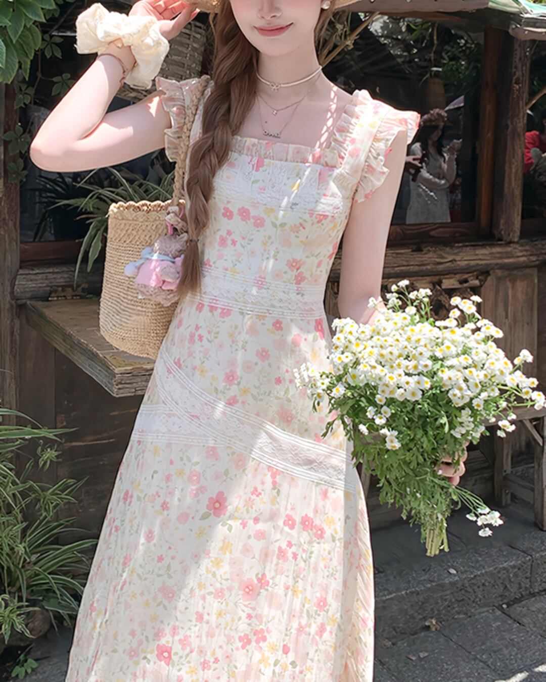 スクエアネックピーチフローラルワンピース 2506088