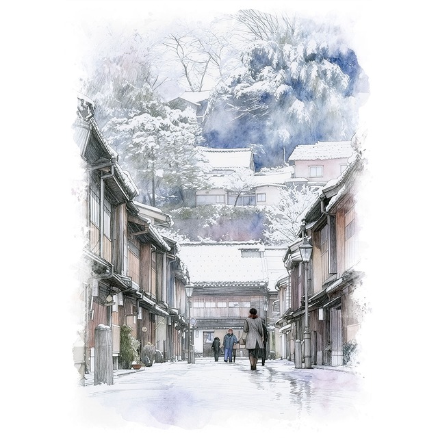 絵画(風景画) 日本 石川県 雪のひがし茶屋街 インテリアアート額付き 水彩画・油絵調 WAT1369