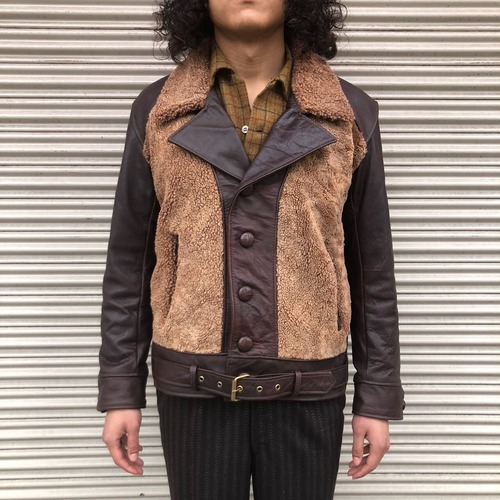 Vintage Leather Grizzly Jacket 再構築 熊ジャン ヴィンテージ グリズリージャケット レザー ムートン ブラウン 40s 50s ライダース 40 L ボタンタイプ