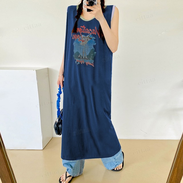 【再値下げ】Y-4647　2025夏新作♡vacationプリントノースリーブワンピース　ネイビー　0613