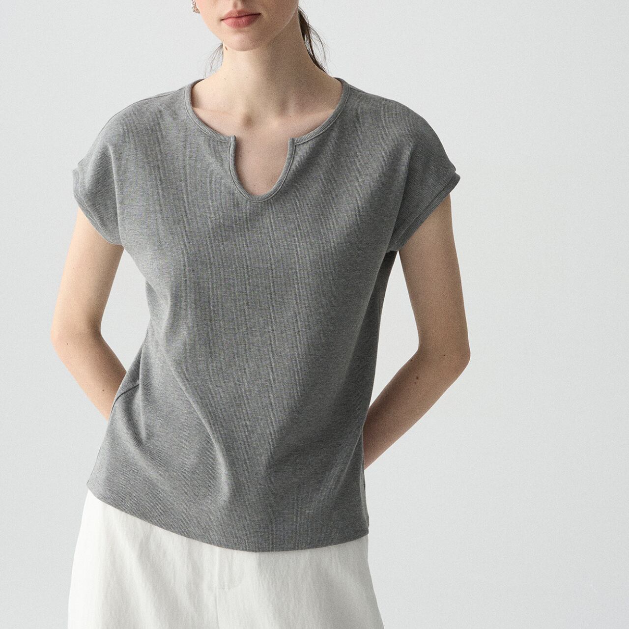 キーネックリブニットプルオーバー T0172