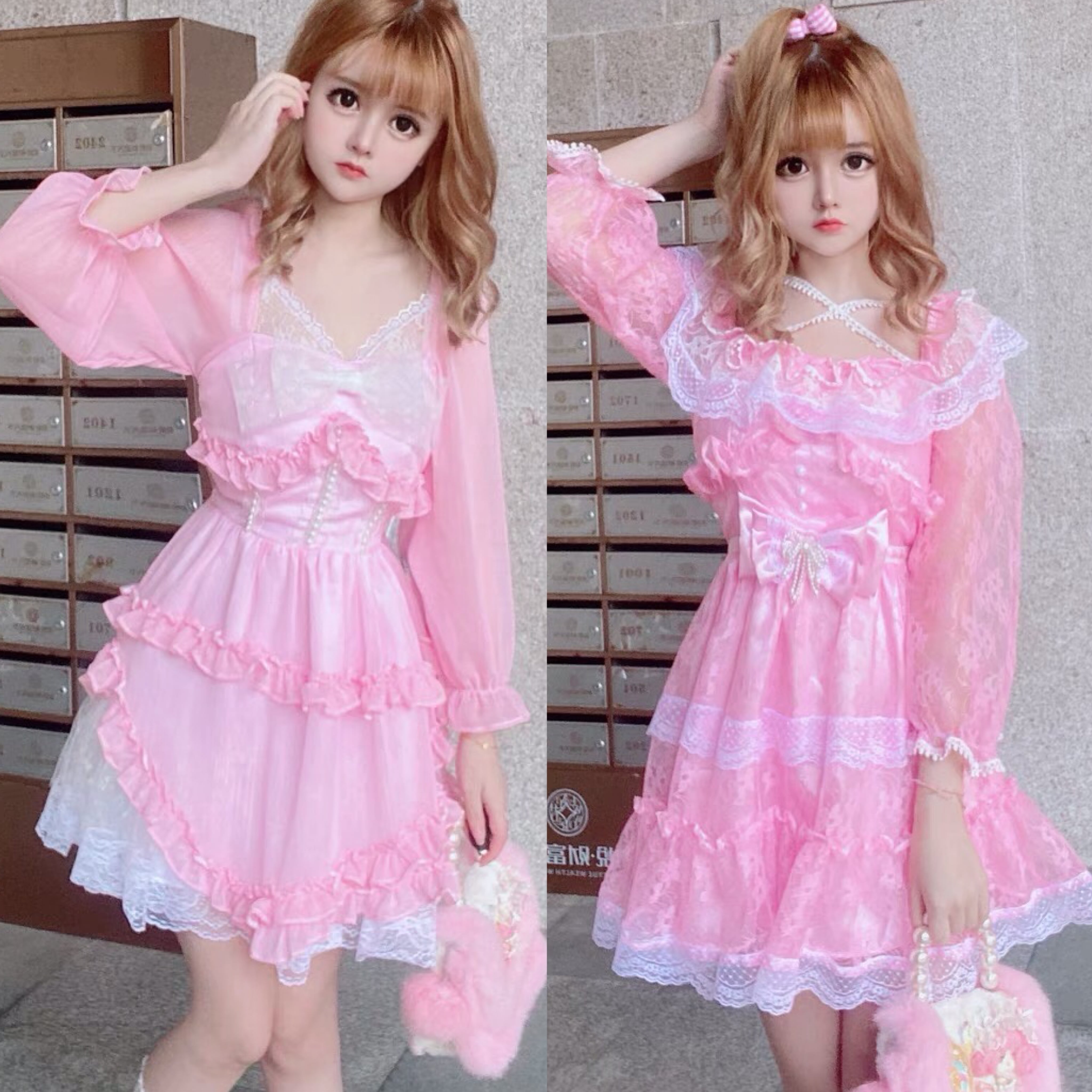 【美品】Drawer ドゥロワー ワンピース リボン フリル ピンク ワンピース ガーリー ピンク 姫 リボン ワンピース 白 リボン フリル