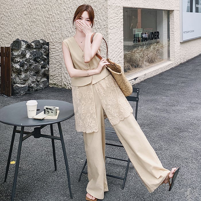 【set】レースドッキングロングベスト×ワイドパンツセット Q6231