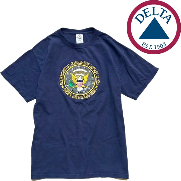 1点物◇00sデルタDELTA大統領就任式記念ロゴ刺繍Tシャツ古着メンズML