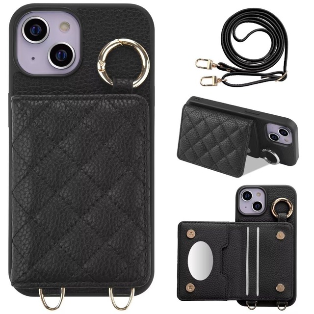 iphone 13ケース スマホショルダーストラップiphone13かわいい 手帳型 おしゃれ 女性 携帯ケース リング付き化粧鏡付き 軽量 スタンド機能いphone13 あいふぉん13 ケース 首掛け 肩掛け 斜めがけ レディース スマホポーチ バッグ シンプル(ブラック)