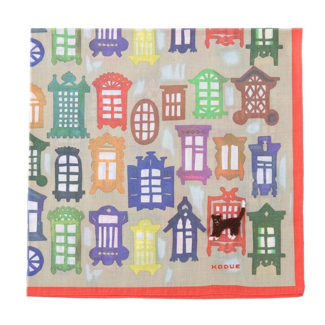 ひびのこづえ 大判ハンカチ 窓 / レッド （ナチュラル＆ウォーム） フルカラーシルクスクリーン サガラ刺繍 綿100% 58x58cm 日本製 KH26-02