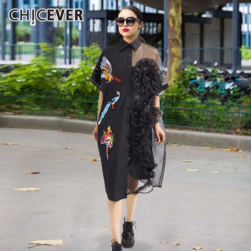 CHICEVERパッチワークメッシュパースペクティブレディースドレスラペルカラー半袖刺繡スパンコールドレス2020夏 ショート ハーフスリーブ 刺繍 サマー 夏物 6base597400440699