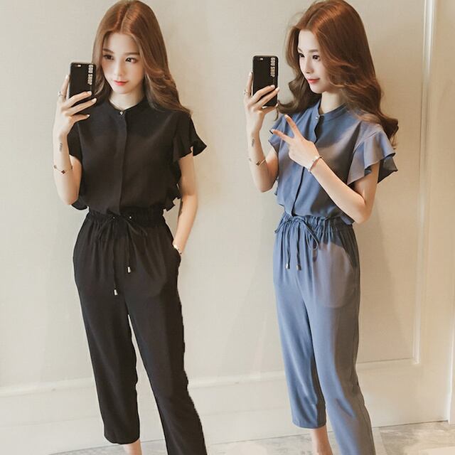 【予約販売】セットアップ レディース パンツ ミドル丈 伸縮性あり リボン シフォン 大きいサイズ 半袖 無地 ブラック ブルー 通勤 OL おしゃれ お出かけ
