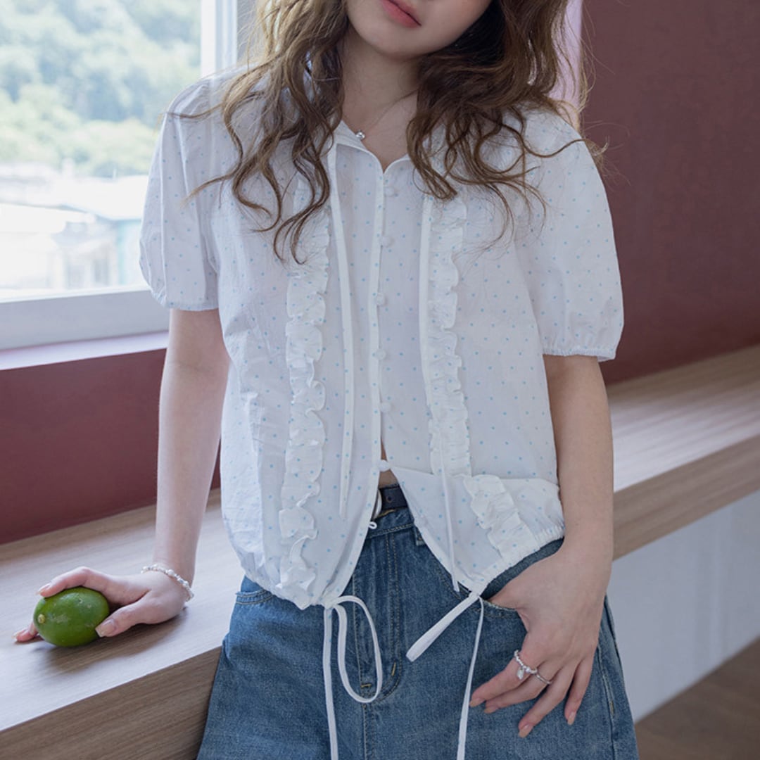 dot frill puff blouse