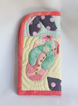 【HawaiianＱuilt  Peach】ハワイアンキルト　メガネ /サングラスケース ビーチサンダル　ハンドメイド　手縫い