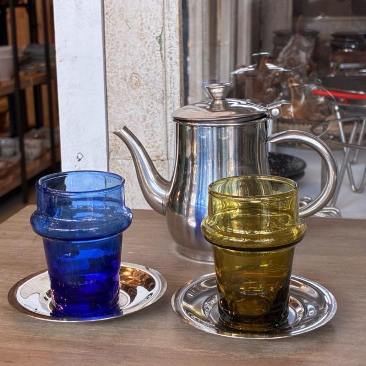 Moroccan Chai glass mini, blue and green, mint tea glass, hand-blown glass