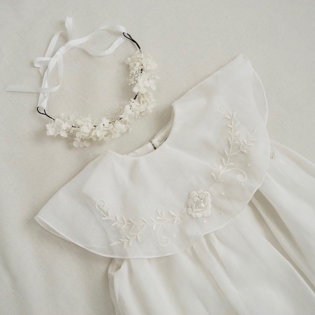 Original 刺繍   Beads Bell organdy (Silk) Kids dress  & head accessory（White）90
