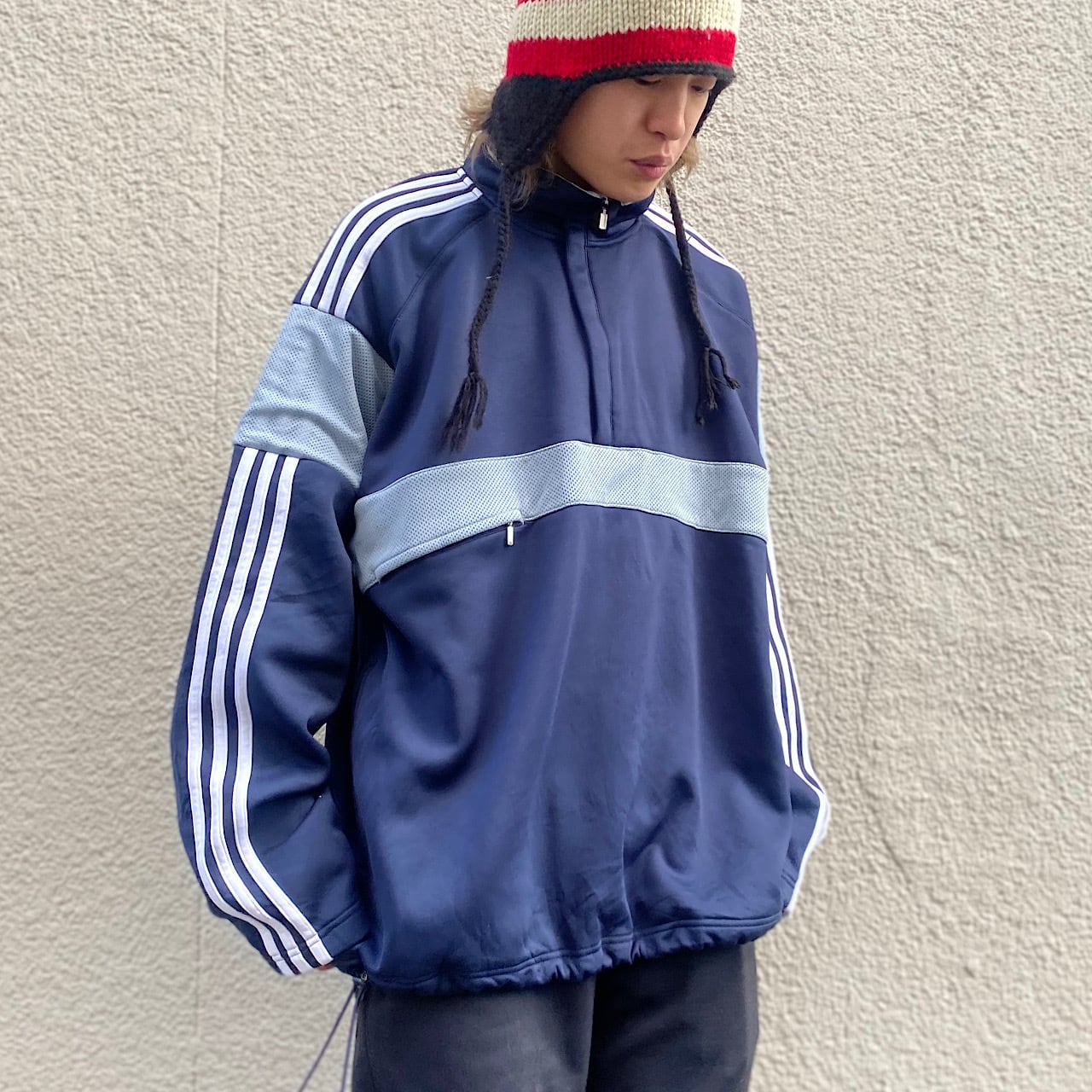 新商品!新型 ユニセックス古着ADIDASアディダスジップアップロゴプリントアノラックLブルー ユニセックス古着ADIDASアディダスジップアップロゴプリントアノラックLブルー