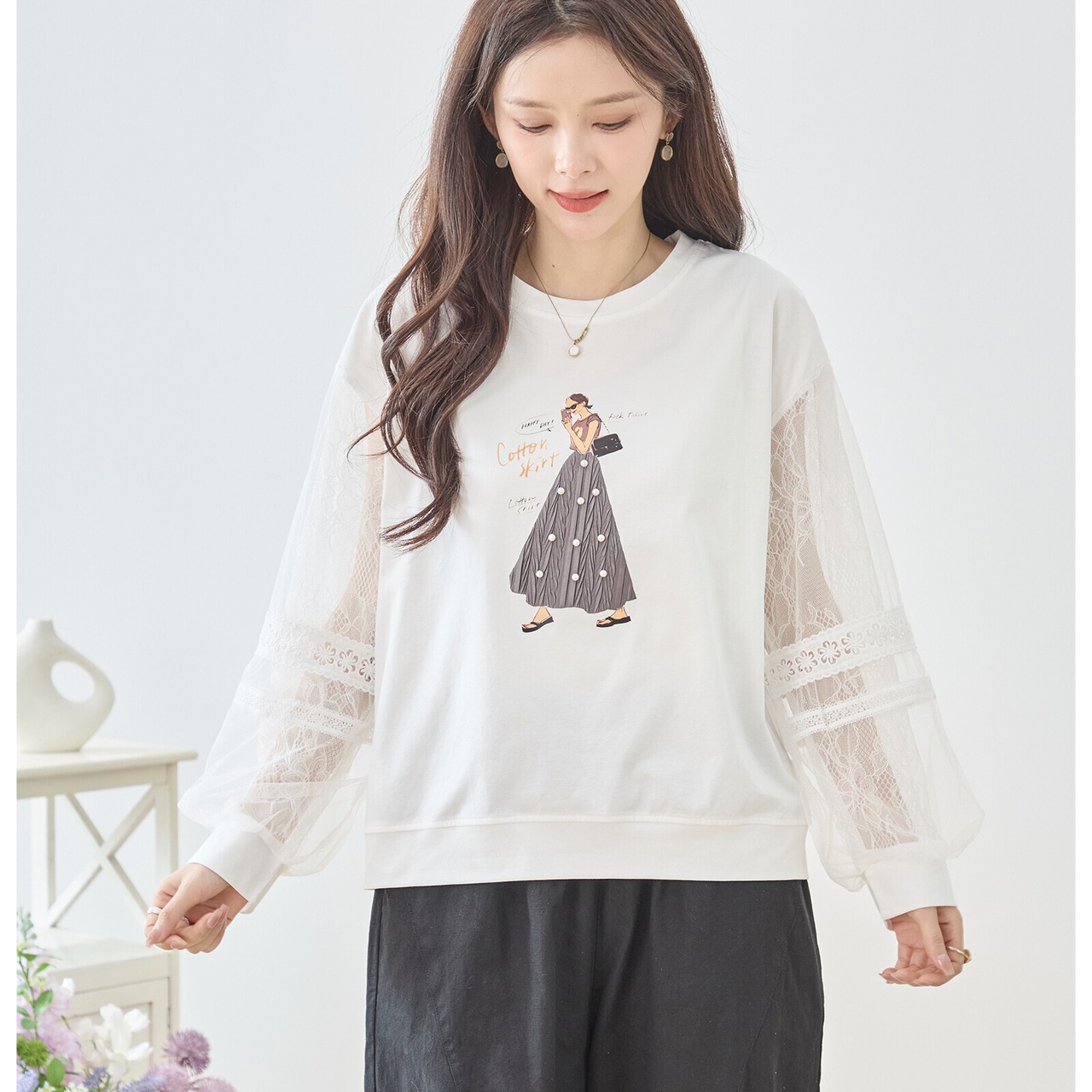 TRUBE パール付き立体イラストガール 長袖レースシアーTシャツ【M~L】ホワイト