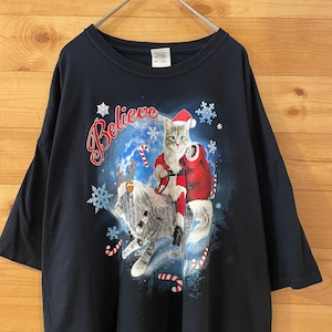 【FRUIT OF THE LOOM】猫 サンタ トナカイ アニマルプリント Tシャツ クリスマス  2XL ビッグサイズ オーバーサイズ us古着 アメリカ古着