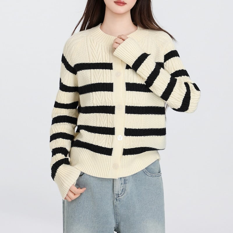cable-knit border round-neck casual cardigan m1333