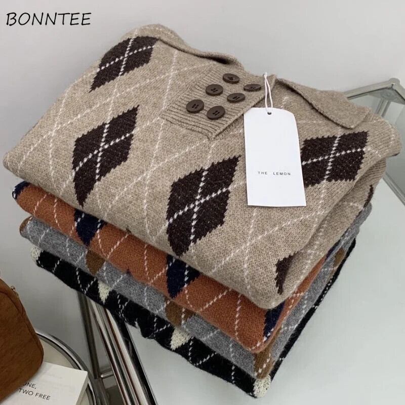【新作】【送料無料】 基本ニットプルオーバー女性ヴィンテージアーガイル BF ルーズセーターオル学生シックなインストリート原宿デザインの新しい秋 0214252925213