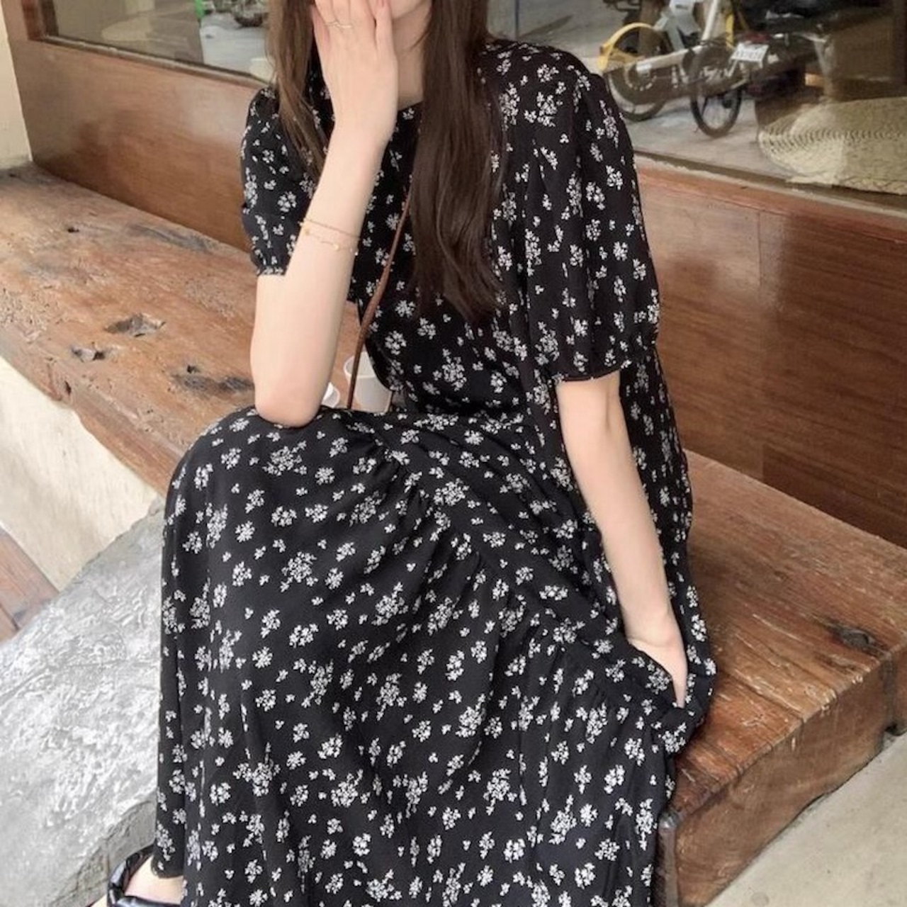 ラウンドネック花柄シフォンワンピース W00276