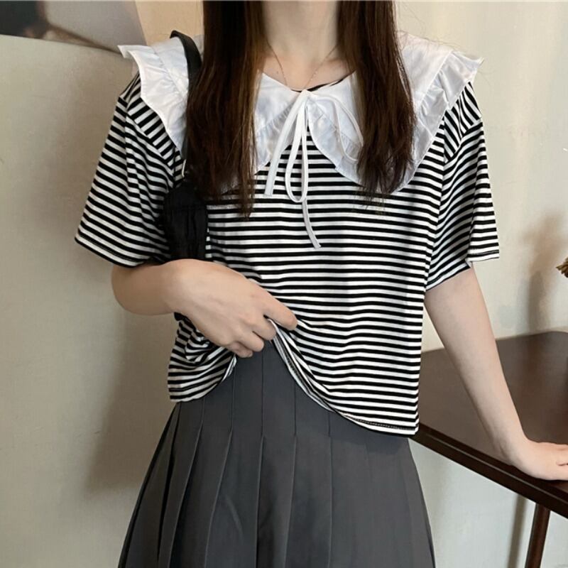 カラーストライプルーズTシャツ トップス レディース 大人ガーリー スウィート キュート カジュアル ハンチェンe68248434416