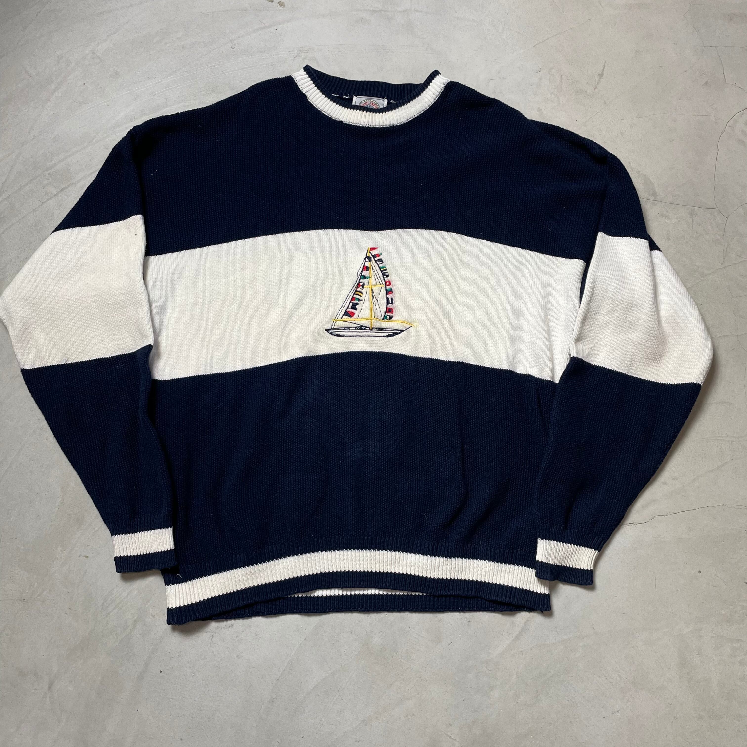 CAPEISIE KNITTERS センターロゴ ボーダーUネック コットンニットセーター メンズXL 古着 ヴィンテージ ビンテージ ネイビー【ニットセーター】