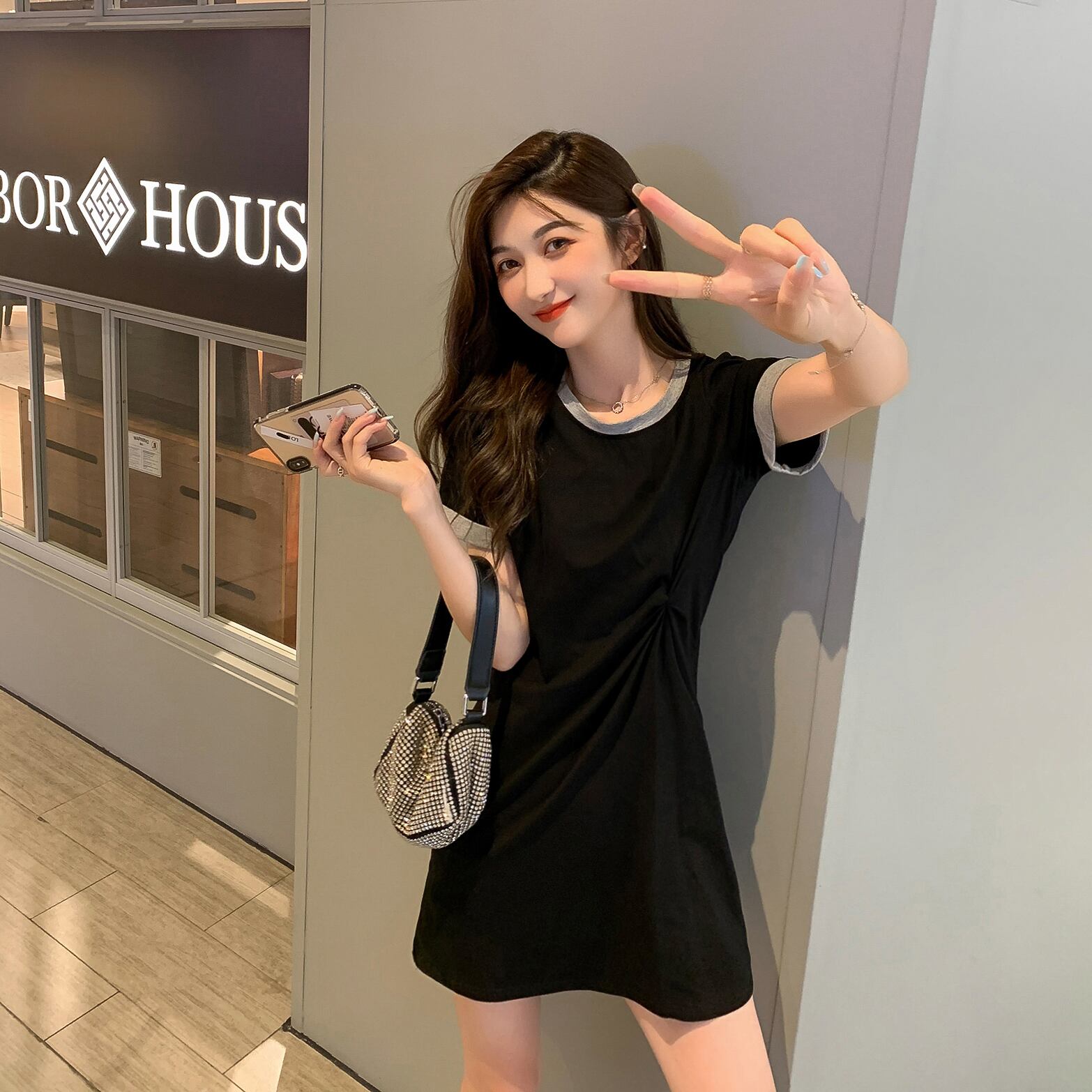 スリム薄手スタンダードスタイルドレス サマーブラックTシャツ スカート レトロ 夏物 6Du_Shop_Women19355719652