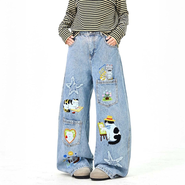 キャットアートエンブロイダリーデニムパンツ
1col R01651