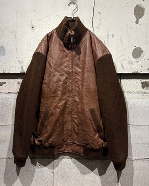 【Caka otto】Leather Switching Vintage Zip Up Knit Jacket
