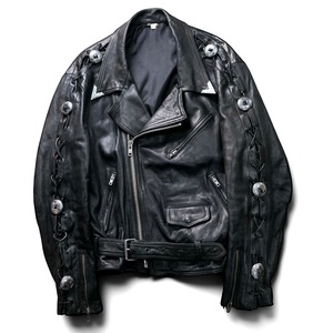 Vintage western concho design genuine leather double riders jacket "BLACK"