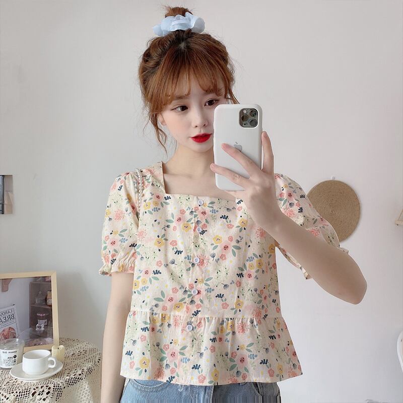 カラーショートフローラルシャツ レディースサマースタイルブラウス 大人ガーリー スウィート キュート カジュアル 夏物 花柄 スクウェア 萌量不足23697026721