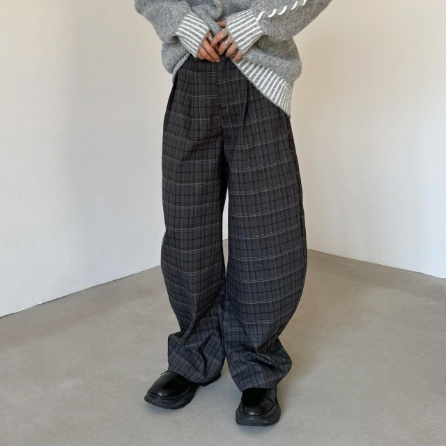 【予約販売】 ボトムス パンツ チェック柄 メンズ ワイド ストレート ルーズ グレー カジュアル こなれ感 お洒落 韓国 トレンド S/M/L/XL
