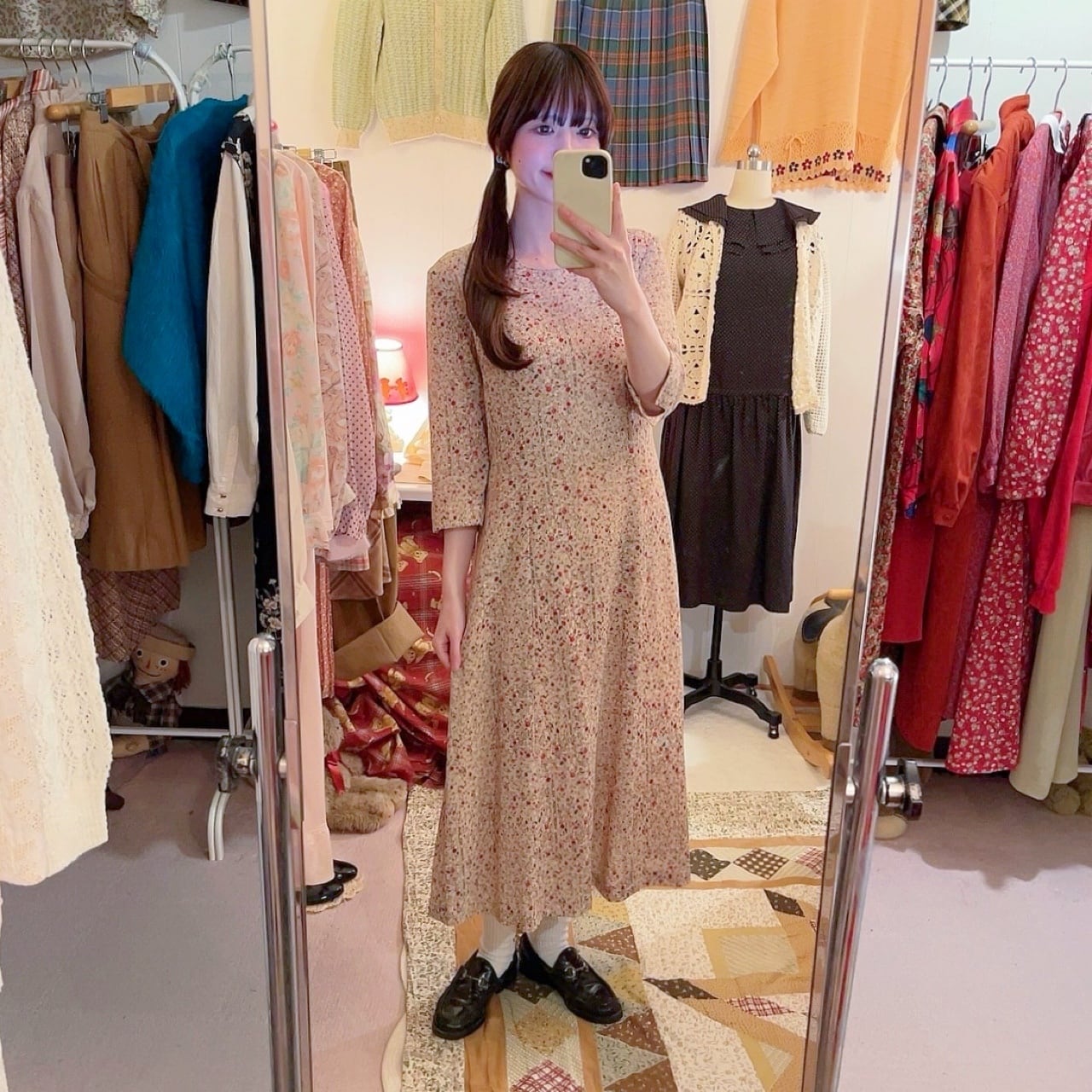 flower dot line slit cuff one-piece