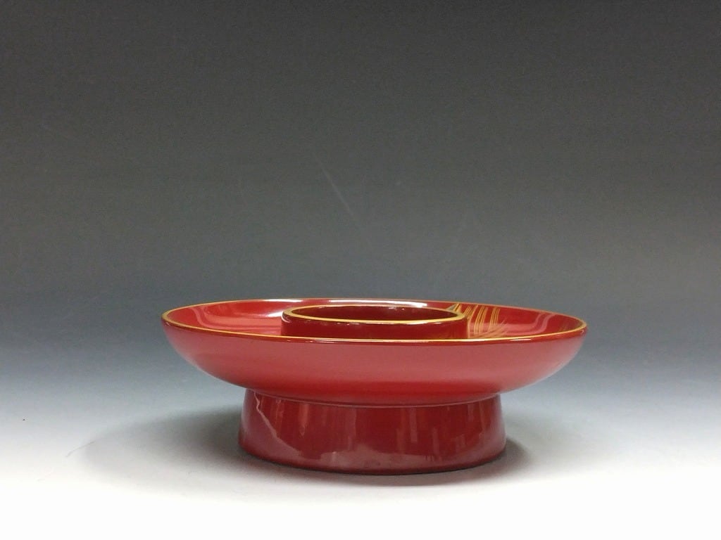 江戸期 木製朱塗 天目台 盃台 高茶台, 蓋付椀 二点セット 高級食器 木製本漆朱塗 波車蒔絵 天目台 1台 dbsy15275-y | こがん堂