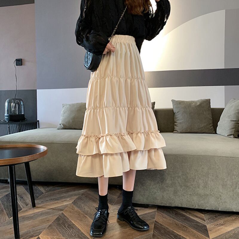 ラッフルスカート オータムストレッチウェスト エラスティック 伸縮 秋物 萌量不足51956659944