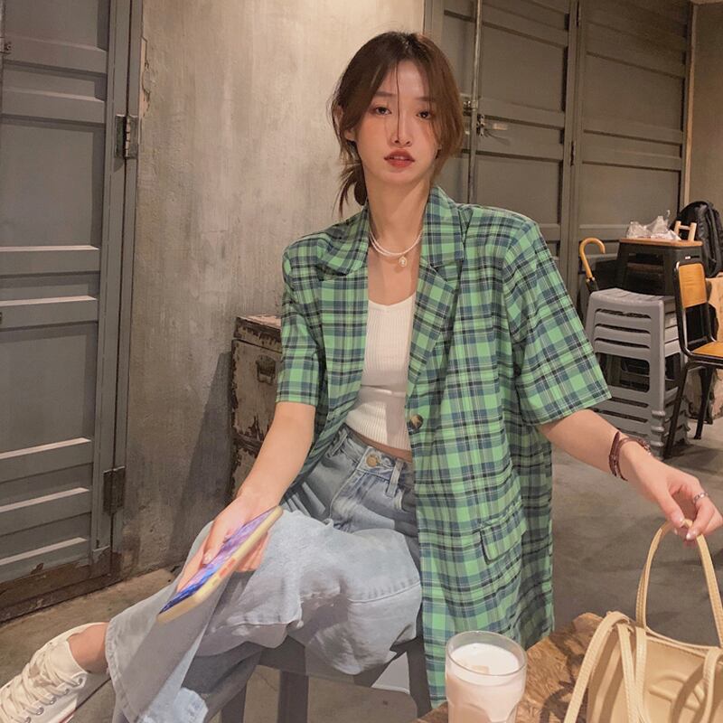 グリーン格子柄ジャケット スタンダードサマースタイルルーズ レトロ 夏物 試着室83241068770