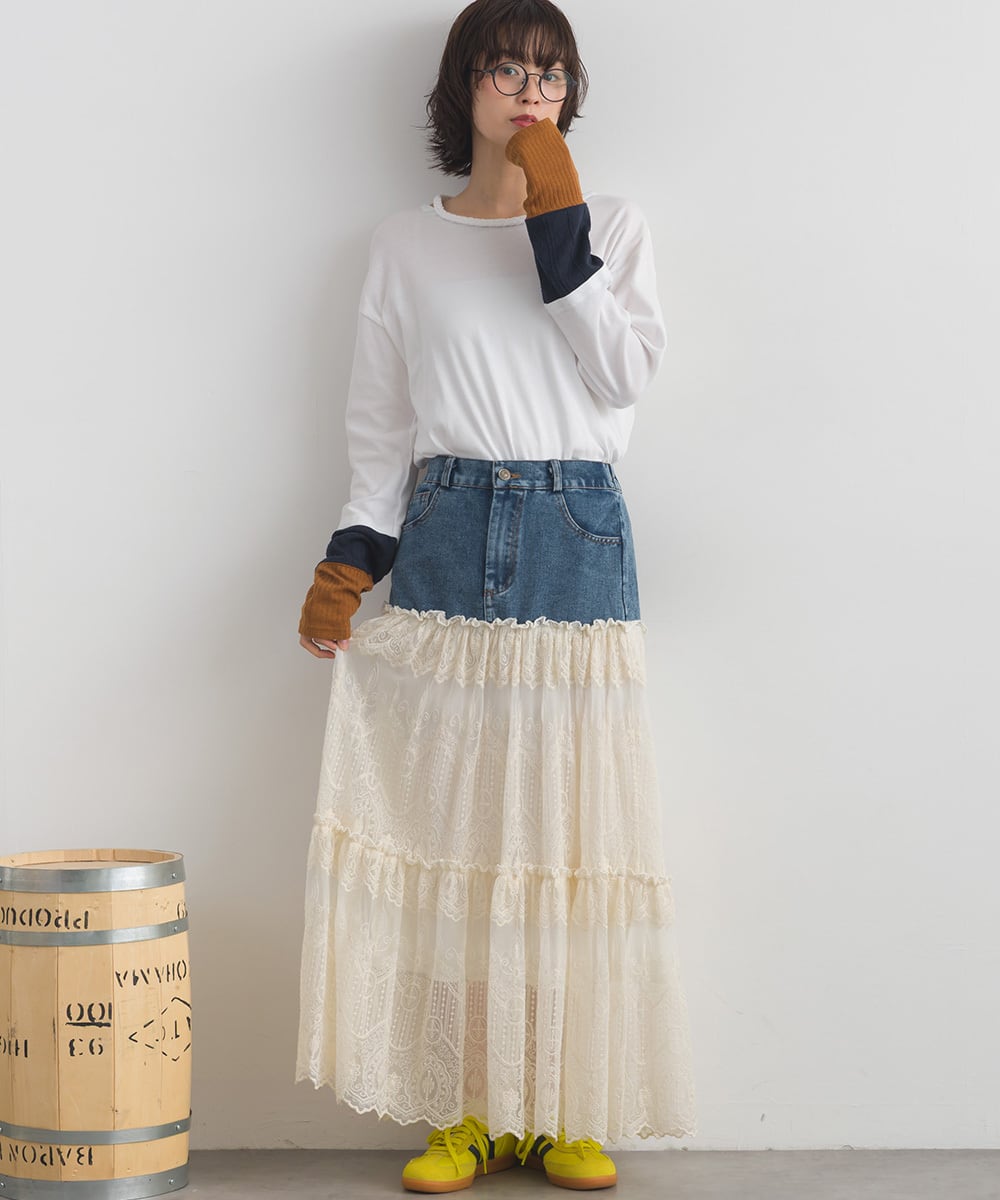 D261137 デニム×レースティアードスカート / Denim × Lace Tiered