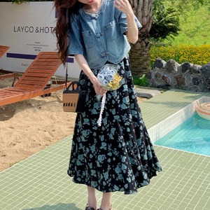 シングルブレストデニムジャケット＆花柄ワンピースのセットアップ W00257