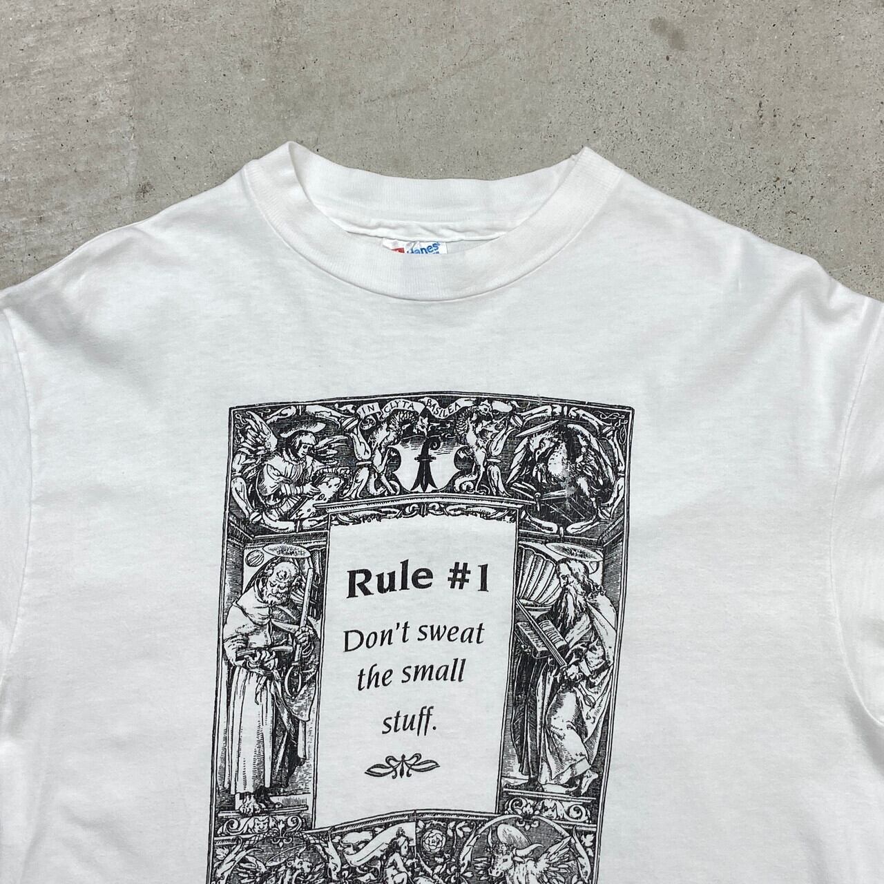 90s USA製 メッセージ キャラクター 両面 プリント Tシャツ メンズ L 古着 オールド ラッセル グラフィック アニマル シングルステッチ 黒