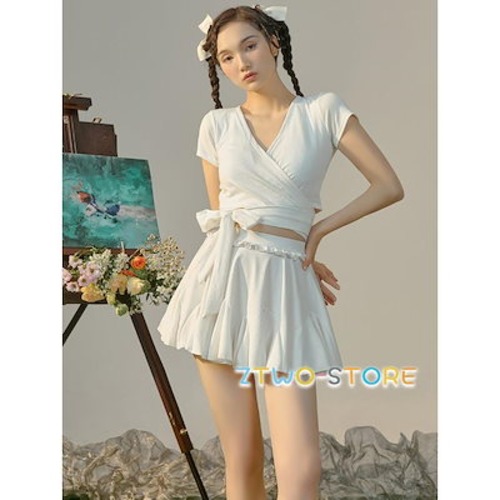 水着レディース タンキニ水着 体型カバー ビスチェ 水着 半袖 袖あり セパレート カシュクール リボン 大きいサイズ 韓国 フレアスカート フリル