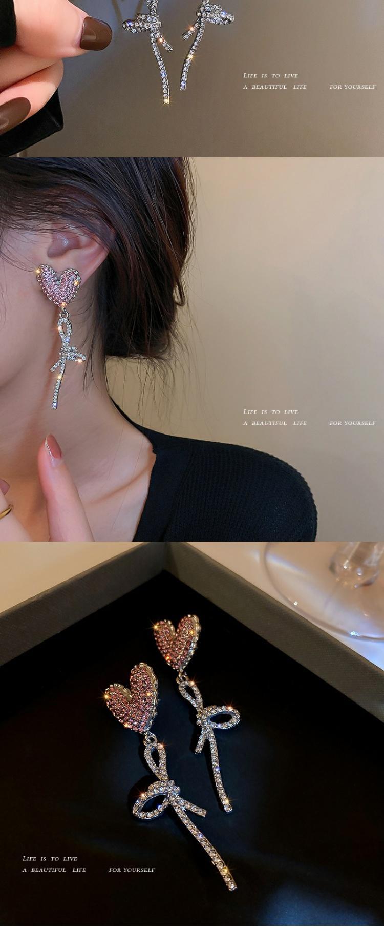 ✞ロリータJK制服 イヤリング シルバーラインストーンハート ピンク