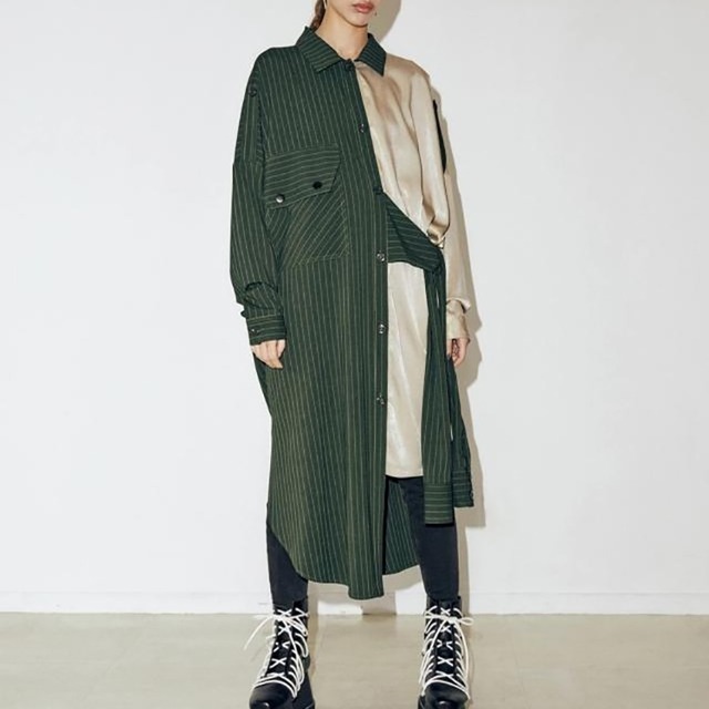 ワンピース レディース 送料無料 シャツワンピース ロングシャツ シャツドレス アシンメトリー 異素材 長袖 ロング丈 個性的 おしゃれ バイカラー かっこいい クール 主役級 こなれ感 インスタ トレンド ゆったり マスキュリン カジュアル デコラティブ モード系 メンズライク ボーイッシュ 体形カバー 小顔見せ 着痩せ イベント コスプレ 女子会 お出かけ マニッシュ ストライプ 無地 かわいい ウエストリボン ウエストマーク Yシャツ 抜け感