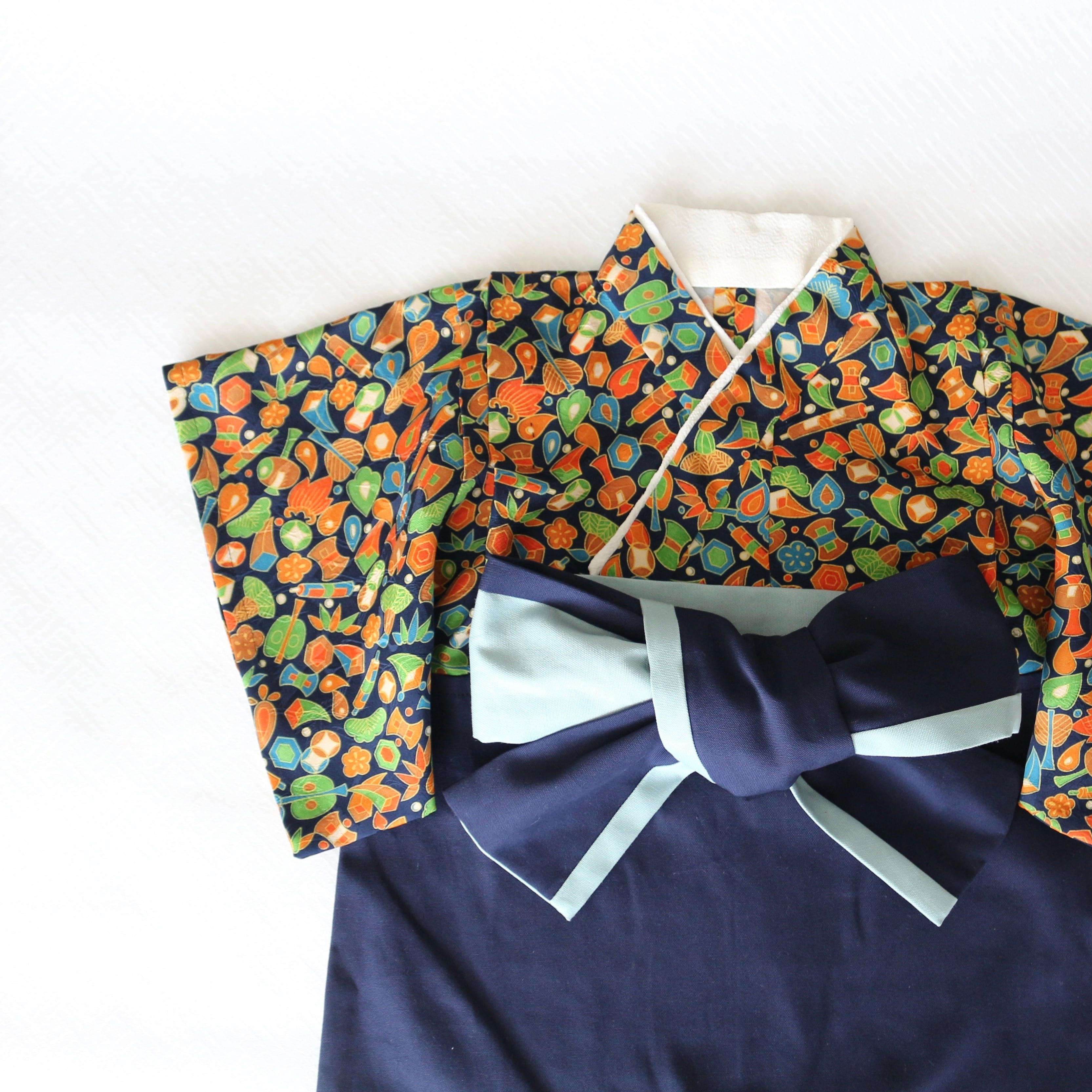 藍色本総絞り着物と袴パンツ | Kaen・袴ロンパース・ベビー袴・男の子 