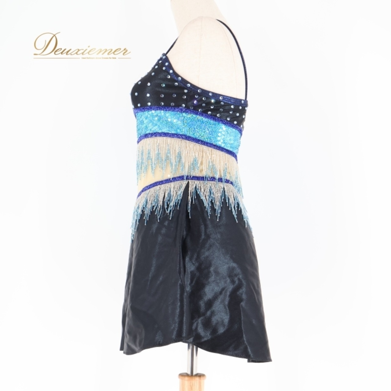 新体操 衣装 ワンピース レオタード ブラック系 ブルー系 ゴールド系 黒 青 水色 金 フリンジ 本番 キャミソール 体操 新体操 バトン 競技用 スポーツ フォーマル 新体操衣装 女性用 バトン演技 ダンス衣装 ステージ衣装 パフォーマンス用