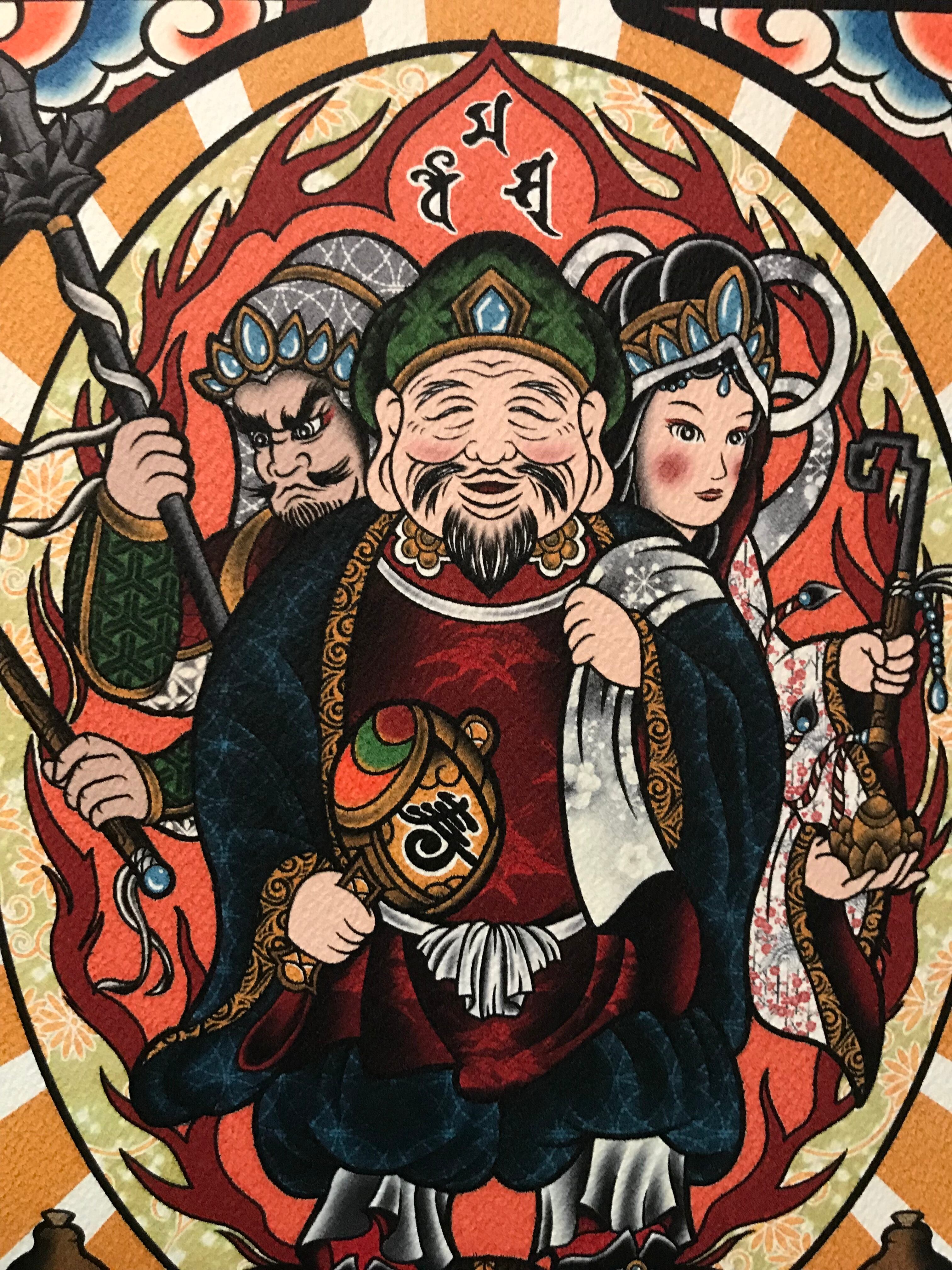 尾九 開運イラスト 七福神と三面大黒天 8枚セット サイズ フレーム付き qcomic