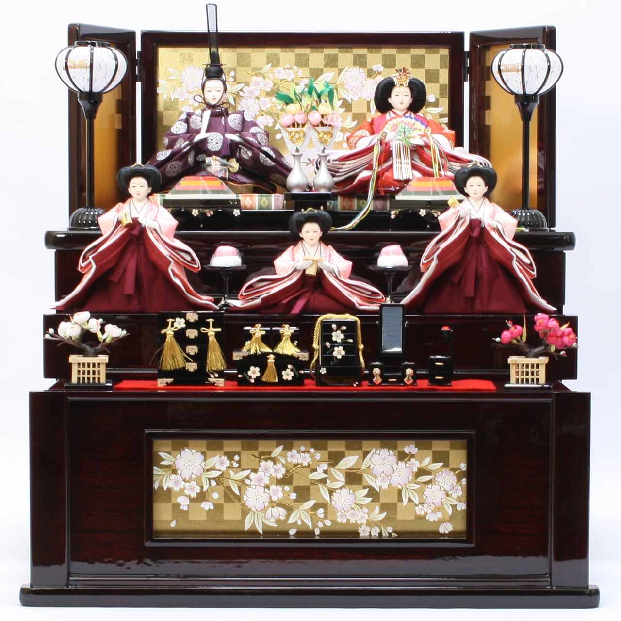 雛人形|ひな人形|初節句|コンパクト|おしゃれ|モダン|インテリア|プレミアム|こだわり|おすすめ|収納《商品名》衣装着五人飾り 収納三段(引出タイプ)溜塗 金箔市松 〔商品コード〕30220-0737-4〔品番〕24-737-BOT